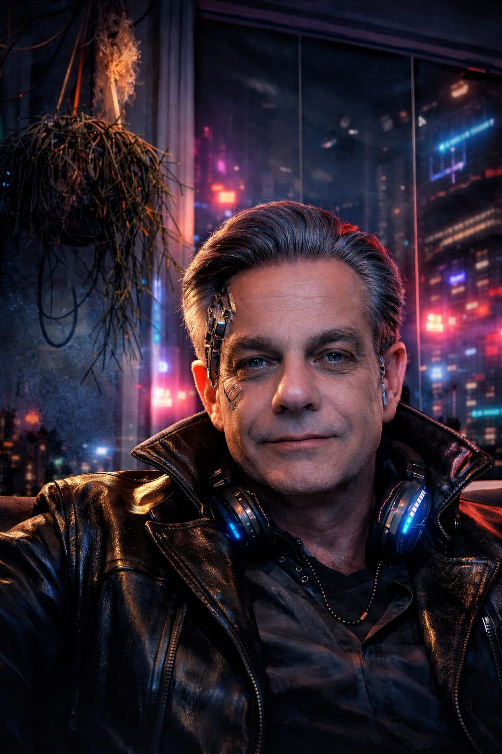 Portret met cyberpunk-stijl, neonstad op de achtergrond.